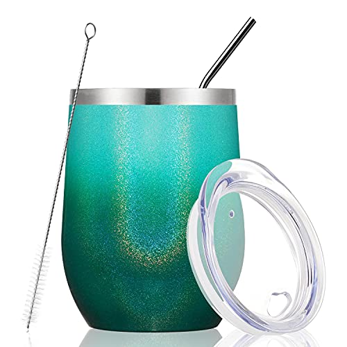 MEWAY Stemless 12oz Wine Tumbler Glasses with Lid -Insulated Double Wall Vacuum Stainless Steel Glitter Tumbler with Straw,Gift for Woman Under 10 dollars(Gradient Blue,1)