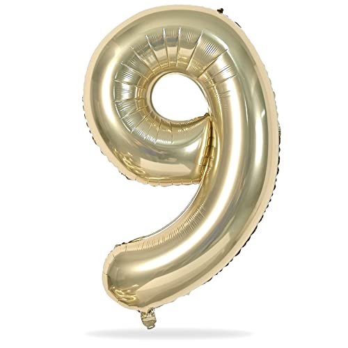 40 Inch Champagne Gold Foil Balloon Number 9, Large Self Inflating Light Gold Number Balloons 0-9 Helium Balloons Set for Girls Boys 9th Birthday Women Anniversary Graduation Party Decoration Supplies - 8