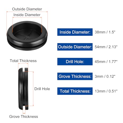 QUARKZMAN 6 Stück Gummiringe 1-6/8 (45mm) Bohrloch, 1-2/4 (38mm) ID Doppelseitige Lochstopfen Ring Dichtung für Kabeldrahtschutz, Schwarz.