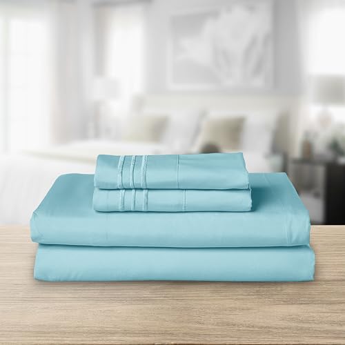 Image of Elegant Comfort Luxurious 1500 Premium Hotel Quality Microfiber Three Line Embroidered Softest 4-Piece Bed Sheet Set, Wrinkle and Fade Resistant, Queen, Aqua Blue