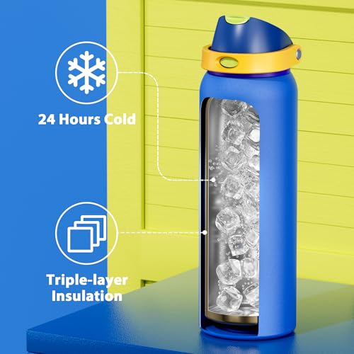 Image of 40 oz Insulated Water Bottle for Men: Meoky Stainless Steel Water Bottle with 2-in-1 Straw and Spout Lid - Leak Proof, Cold for 24 Hours, Protective Silicone Base, BPA-Free for Sports Gym, Sapphire