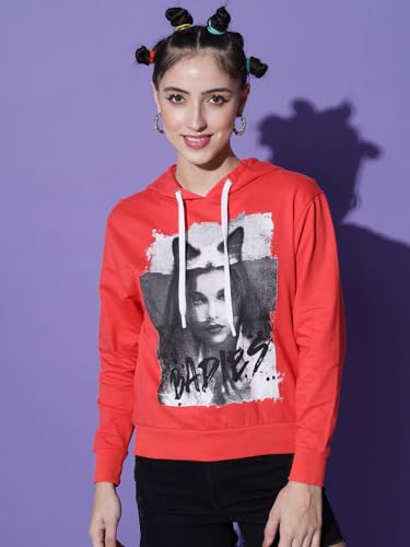 Image of THE DRY STATE Womens Loose Fit Teddy Sweatshirt with Round Neck & Chennile Embroidery Cherry red