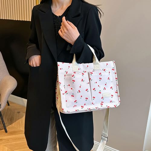 Image of Cherry Tote Bag for Women Canvas Patched Purse Cute Shoulder Bag Multi-Pocket Satchel Handbag for work travel