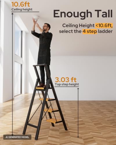 Image of 4 Step Ladder, Lightweight Aluminum Folding Step Stool with Convenient Handgrip, Stepladders with Anti-Slip and Wide Pedal for Home Use Space Saving - Black+Woodgrain