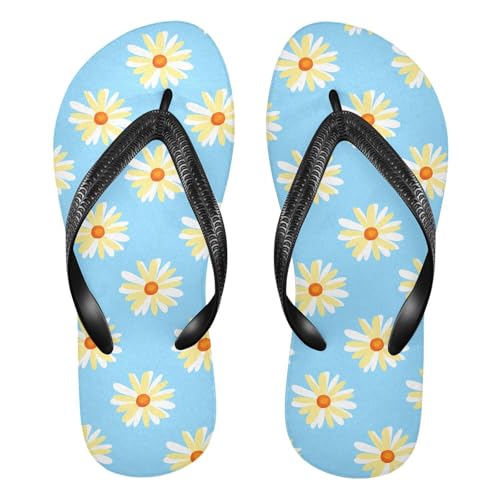 Sinestour White Flower Blue Flip Flops for Beach Thong Sandals Anti-slip Lightweight Beach Slippers for House Indoor Outdoor