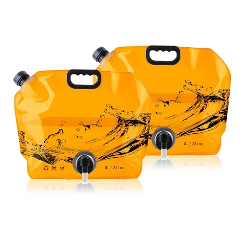 Coipdfty Water Jug Camping 2.1 Gallon Collapsible with Spigot, BPA Free Portable Water Pouch Foldable Water Bags for Outdoor Hiking, Travel and Emergency & Water Storage Containers (Orange-2Pcs)