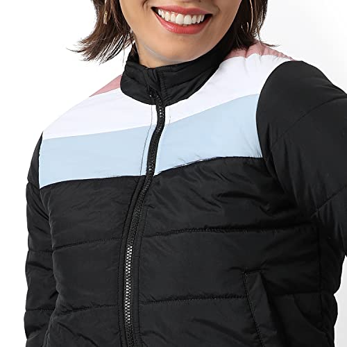 Image of Campus Sutra Women Black Colour-Blocked Puffer Regular Fit Bomber Jacket For Winter Wear | Standing Collar | Full Sleeve | Zipper | Casual Jacket For Woman & Girl | Western Stylish Jacket For Women