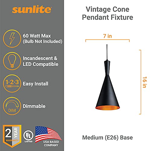 Sunlite 07028-Su Vintage Inspired Cone Pendant Farmhouse Décor, Medium Base Socket (E26), 78" Adjustable Cord Length, Copper Interior, 7-Inch, Matte Black Shade #TOP1