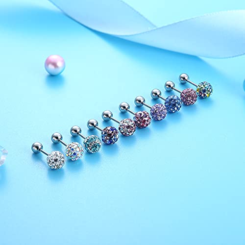 Florideco 10 Pairs 20G Stainless Steel Multicolor Crystal Ball Cartilage Stud Earrings Set For Women Girls Sensitive Ears With Screw On Backs 4/6/8Mm #TOP4