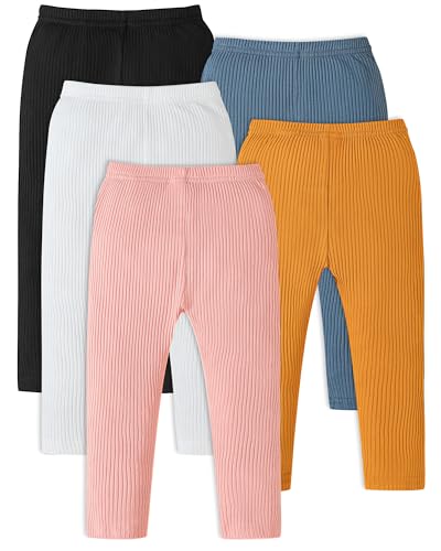 Image of Coaturi 5 Pack Baby Girl Pants: Infant Solid Ribbed Pants Soft Cotton Pull On Leggings for Toddler 0-48 Months