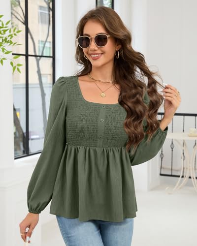 HEYTALALA Womens Peplum Tops Square Neck Smocked Puff Long Sleeve Blouses Babydoll Shirts 2025 Fall Dressy Casual Clothes3