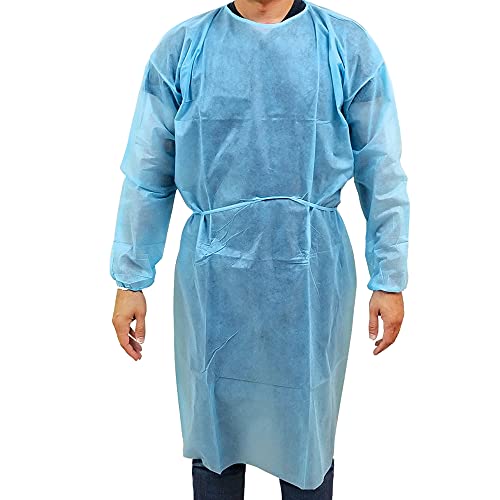 10 Pack Isolation Gowns Blue, Overhead Fluid Resistant, Elastic Cuffs, Disposable Gowns, Over-The-Head Full-Back Cover (10 Gowns Universal Size)