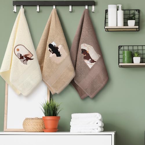 Hillsuren 3 Pcs African American Woman Hand Towels for Bathroom African Black Girl Bathroom Decor Brown Decorative Farmhouse 100% Cotton Embroidered Kitchen Towels, 13.3 x 29.5'' by Hillsuren - Image 4