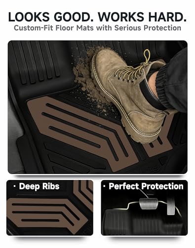 Image of 2-Piece Front TPE Floor Mats for Ford F-150 2015-2026 F150 Lightning 2022-2025 | Saddle Brown Wing Design | Heavy Duty All-Weather Protection