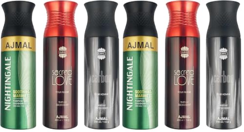 Image of Ajmal 1 Nightingale for Men & Women, 1 Sacred Love for Women and 1 Carbon for Men Deodorants each 200ML Combo pack of 6 (Total 600ML)