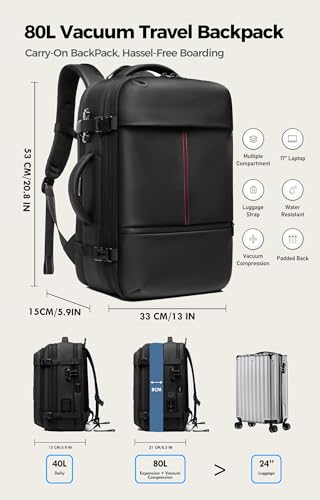 Image of IKYWT 80L Vacuum Seal Travel Backpack with Compression System | Expandable, 5kPa High Power Pump, 17 inch Laptop Compartment, TSA Lock, Water-Resistant