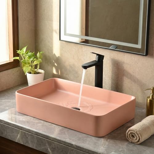 Image of InArt Wash Basin: Designer Counter Top Bathroom Sink - Vanity Wash Basin for Bathroom, Table Top Wash Basin 62 x 35 x 12 cm (Pink)