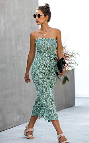 Angashion Women’s Jumpsuit-Casual Off Shoulder Sleeveless Ruffle Button Belt Wide Leg Jumpsuits Rompers Summer Green L #TOP6