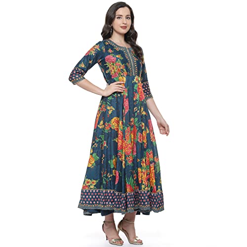 Image of BIBA Women's Fit and Flare Cotton Flared Fusion Printed Below The Knee Dress