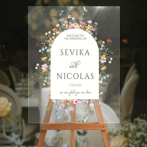 Customized Wildflowers Acrylic Wedding Welcome Sign, Floral Wedding Sign, Decorations For Ceremony, Customized Welcome to Our Party Sign, Multisize with Plastic or Acrylic Options