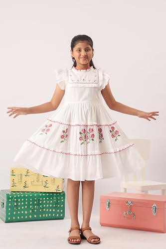 Image of Kids Girls Printed Embroidered Fusion Dress | Handmade Crafted Designer Ethnic Wear | 100% Cotton
