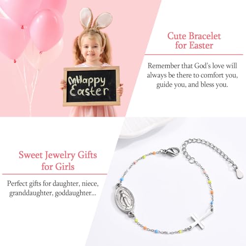 Image of Cross Beaded Bracelet for Girls - Easter Gifts Catholic Religious Christian Jewelry Decorations Easter Egg Stuffers for Kids Goddaughter