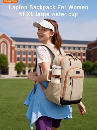 Image of LOVEVOOK Laptop Backpack for Women, Waterproof Work Travel Backpack with Large Cup Pockets for Teacher Nurse, 17.3 inch Computer Bag College Bookbag Daypack, Gifts for Women, Khaki-brown