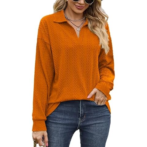 Aygience Fall Outfits Women Trendy Sweater Long Sleeve Tops Fashion Shirts Clothing Collared V Neck Shirts Orange X-Large Cover