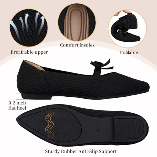 Image of TINGRISE Women's Pointed Toe Flats Comfortable Knit Ballet Shoes Washable Dressy with Bow Business Casual Work Shoes