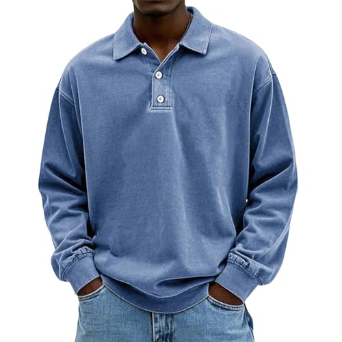 Mens Polo Long Sleeve Shirt Distressed Button Basic Solid Color Polo Shirt Classic Loose Casual Collared Shirts T-Shirt