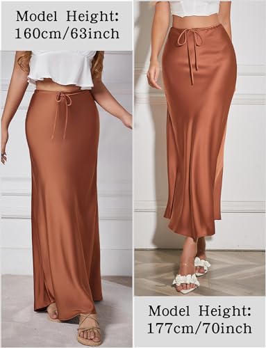 FEOYA Women’s Satin Silky Maxi Skirt High Waist A Line Elegant Flowy Mermaid Hem Drawstring Wedding Party Club Spring Skirt4