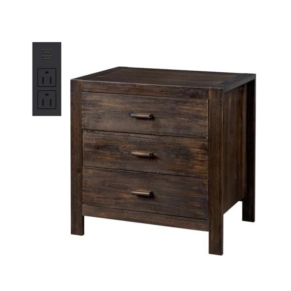 Karl home farmhouse nightstand with charging station solid pine wood 3 drawer night stands for bedroom bedside table with 2 usb ports 2 ac outlets vintage end tables brown  urban country home decor