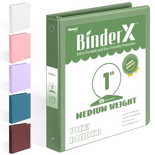 BinderX Extra Durable 3 Ring Binder Round Rings 1 Inch Binder Fits 175 Sheets of 8.5x11 Paper Customizable View Cover with Inside Pockets Cute 1 Binders 1 Inch Binders 3 Ring Olive Green