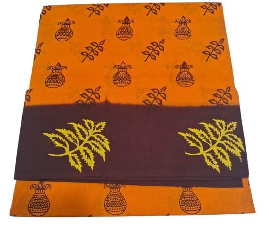 Traditional Cotton Saree with Floral Pot Print, Orange and Brown, Embroidered Border-picture-54
