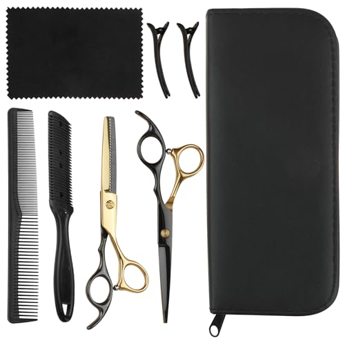 Hair Cutting Scissors Kit Hairdressing Scissor Professional Barber Flat Cut Tooth Scissors Bangs Thinning Shears Set Stainless Steel with Hairpin Comb for Men Women