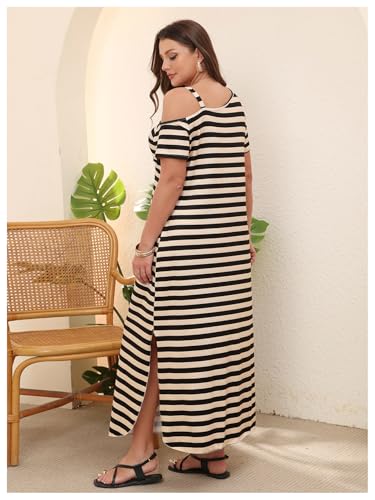 Image of Verdusa Women's Plus Size Off The Shoulder Maxi Dress Striped T Shirt Dresses with Pockets Summer Vacation Outfits