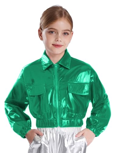 Kids Girls Dance Jacket Metallic Long Sleeve Turn-down Collar with Flap Pockets For Hip Hop Training Dancewear