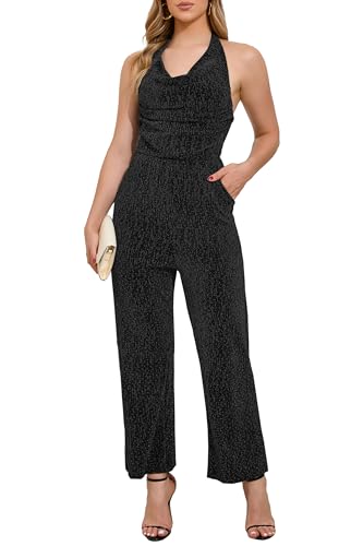 VERWIN Women's Sparkly Rhinestone Jumpsuit Halter Neck Draped Ruched Front Backless Sleeveless Party Night Out Romper with Pockets M Black