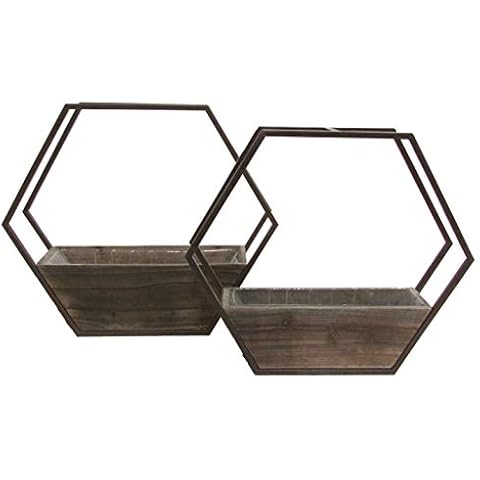 Admired By Nature Set of 2 Hexagon Wood and Metal framing Wall Hanging planters w/Hard Liners Cover