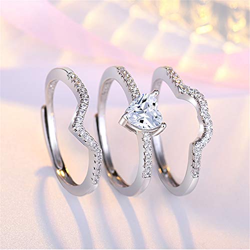 Uloveido 3pcs Set Womens Heart CZ Wedding Bands Engagement Ring Enhancer Adjustable Open Bridal Rings Platinum Plated4