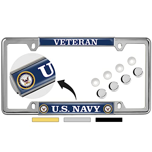 [Officially Licensed Product] - U.S. Navy Veteran with Eagle Anchor Logo - Domed Custom-Made Personalized Narrow (Thin) Top 4 Hole Metal Car License Plate Frame with Free caps - Chrome (Qty:1 Frame)