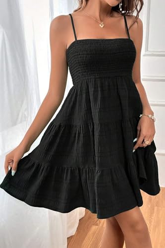 Image of HVEPUO Women Spaghetti Strap Sleeveless Smock Cami Mini Dress Summer Vacation Flowy Boho A Line Swing Short Dresses for Women