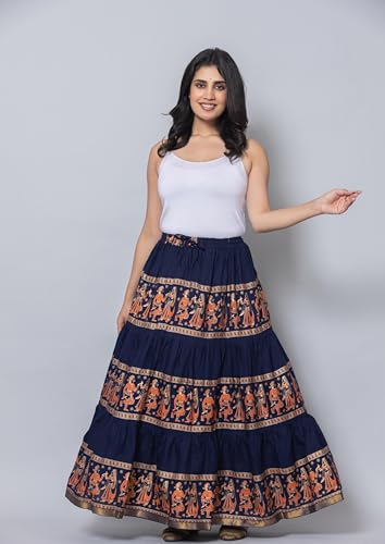 Image of Women's Cotton Printed Long Skirt | Ethnic Folk Print Tiered Maxi Skirt for Women | Elastic Waist Flared Boho Skirt | Traditional Casual for Women