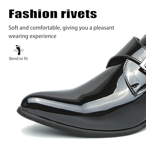 Men's Patent Leather Chunky Heels Monk Strap Oxfords Classic Pointed Toe Comfortable Slip On Low Block Heel Dress Loafers for Party Wedding Business Office4