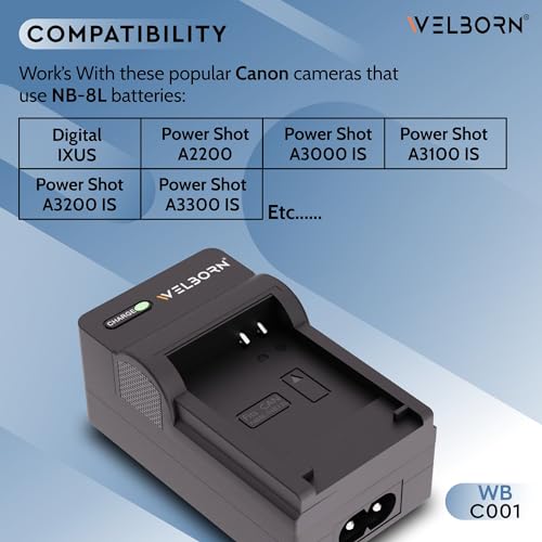 Image of Welborn Camera Battery Charger for Canon NB-8L Battery Compatible with Canon Powershot A2200, A1000, A1200, A3000 is, A3100 is, A3150 is, A3200 is, A3300 is, A3350 is, PC1474 etc.