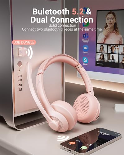 Image of JIAMQISHI Pink Wireless Bluetooth Headset 5.2, AI Noise Cancelling Mic Headphones with USB Dongle Mute for Laptop & Cell Phones