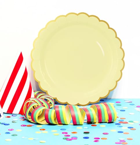 Image of HEIPINIUYE 50 Pieces Yellow Paper Plates with Gold Foil 9 Inch Disposable Yellow Scalloped Dinner Plates for Wedding Baby Shower Birthday Party