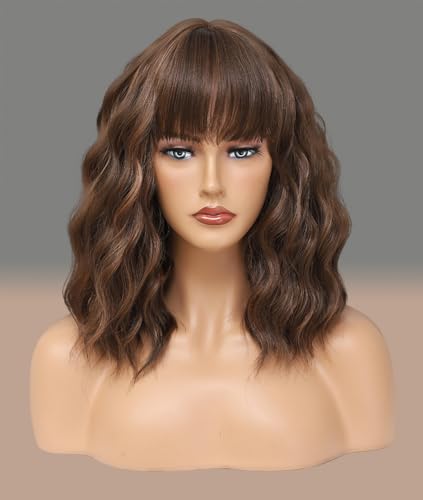 WAVE&BREEZE Wavy Bob Wig with Bangs Brown Highlight Blonde Wigs for Women Natural Shoulder Length Synthetic Hair Daily Party Cosplay Halloween - Image 6