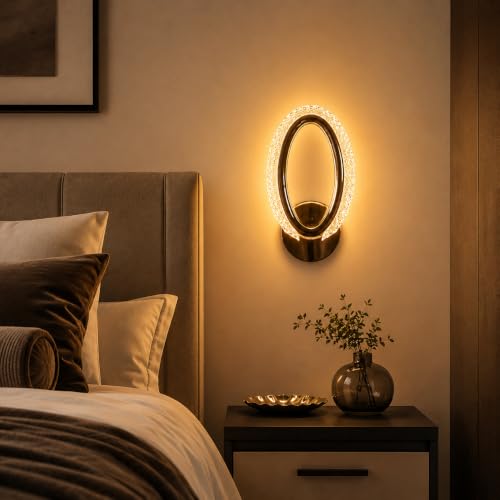 Image of fizzytech Crystal LED Wall Light, Modern Gold Finish Decorative Wall Lamp with 3 Colour Changing Modes for Living Room, Bedroom, Hallway & Home Decor (Oval, Pack of 1)
