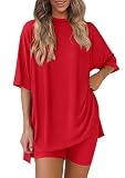 PRETTYGARDEN Women 2 Piece Lounge Set 2026 Summer Casual Oversized Shirts Biker Shorts Matching Airport Travel Outfit Clothes (Red,Small)
